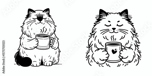 A Ragdoll Cat hold coffee mug. Cartoon Line Art Clipart Minimal Retro Vector Illustration. Cute domestic feline gripping java container adorable kitty enjoying warm beverage.