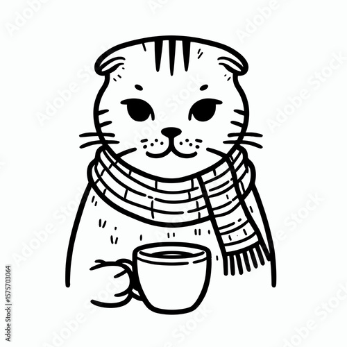 A Scottish Fold Cat hold coffee mug. Cartoon Line Art Clipart Minimal Retro Vector Illustration. Cute feline clutches beverage cup domestic animal enjoys warm drink.