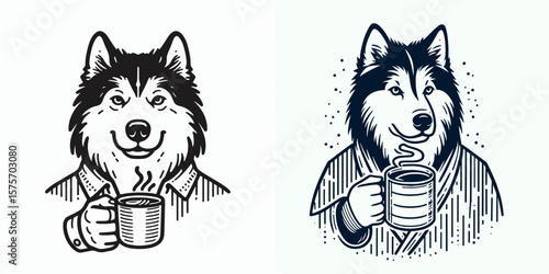 A Siberian Husky Dog hold coffee mug. Cartoon Line Art Clipart Minimal Retro Vector Illustration. Canine with beverage holder cute pet doggy enjoy warm drink from cup.