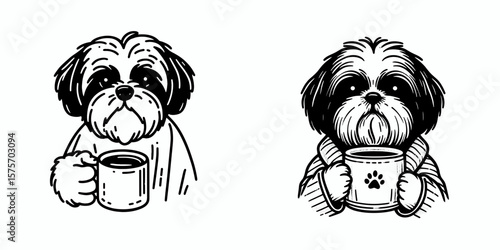 A Shih Tzu Dog hold coffee mug. Cartoon Line Art Clipart Minimal Retro Vector Illustration. Small canine grip java cup adorable pet animal possess warm drink.