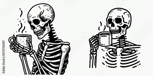 A skeleton hold coffee mug. Cartoon Line Art Clipart Minimal Retro Vector Illustration. Bony figure grip beverage cup spooky autumn holiday theme.
