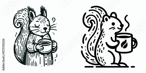 A Squirrel hold coffee mug. Cartoon Line Art Clipart Minimal Retro Vector Illustration. Rodent gripping beverage cup woodland creature enjoys hot drink at daytime.