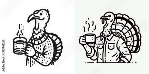 A Turkey hold coffee mug. Cartoon Line Art Clipart Minimal Retro Vector Illustration. Avian grasp drink cup comical fowl grip beverage holder breakfast.