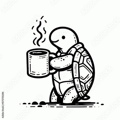 A Turtle hold coffee mug. Cartoon Line Art Clipart Minimal Retro Vector Illustration. Reptile carry beverage container sipping morning drink comical creature.