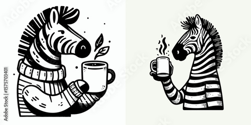 A Zebra hold coffee mug. Cartoon Line Art Clipart Minimal Retro Vector Illustration. Striped equine grips warm beverage container morning refreshment animal concept.