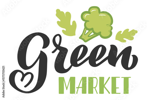 Green market logo promotes healthy eating and local produce with broccoli and arugula, encouraging consumers to support sustainable agriculture and enjoy fresh, nutritious food
