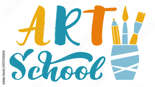 Colorful logo for an art school featuring the text art school and a pencil, paintbrush and candle inside a jar, promoting creativity and artistic education