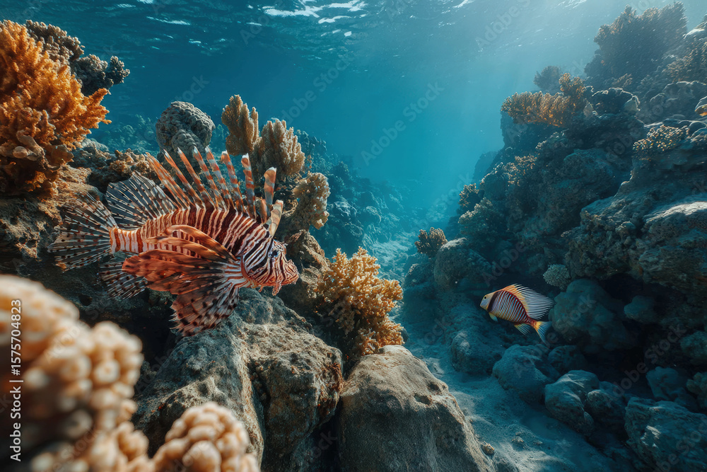 Naklejka premium A vibrant lionfish swims amidst a colorful coral reef, showcasing underwater beauty.