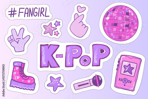 A vibrant arrangement of K-Pop themed stickers features playful elements like a microphone, roller skates, and a disco ball. The design celebrates youth culture and music trends.