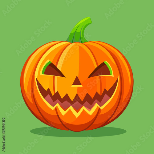 Spooky jack o lantern with a menacing grin and glowing eyes on a green background