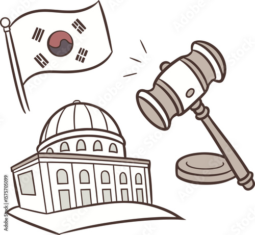 korea court building flag hammer law concept scene