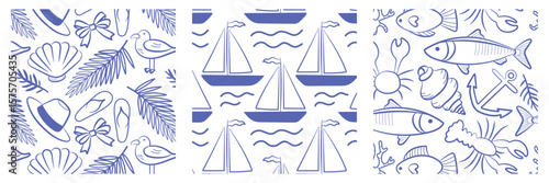 Set of nautical seamless patterns with sea animals, boats and summer elements in linear style. Perfect for beach-themed design, packaging or vacation prints.