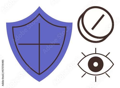 Blue shield, pill, and eye symbol focus on health, safety, and vigilant care. Ideal for healthcare, protection, vigilance safety medicine security well-being. Simple flat metaphor