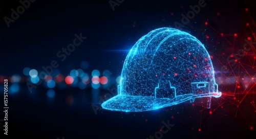 Digital holographic hard hat, futuristic construction safety, Cybersecurity & Construction Tech for Future of Work & Industry 4.0
