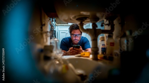 Man with Glasses Using Smartphone Under Kitchen Sink, Surrounded by Cleaning Supplies and Household Items