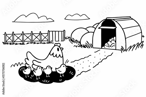 Charming hen and fluffy chicks in a rustic barnyard setting