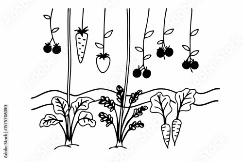 Vibrant organic vegetable patch illustration featuring ripe tomatoes carrots and spinach