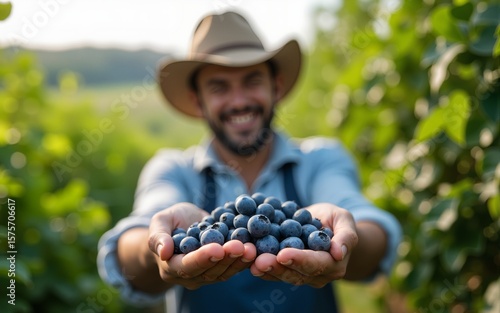 Farmer working and picking blueberries on a organic farm - modern business concept. High quality