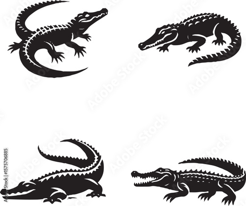 Wallpaper Mural "Set of 4 Crocodile Silhouettes | Black and White Reptile Vector Icons in Dynamic Poses" Torontodigital.ca