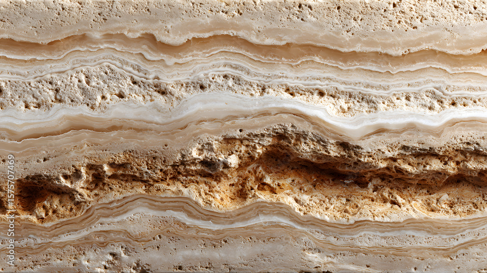 Obraz premium Natural travertine stone with light creamy beige layers in macro flatlay view