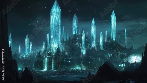 Crystal city at night; glowing, icy structures