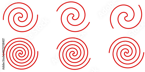 Equally spaced red spiral line pack, editable stroke path vector illustration