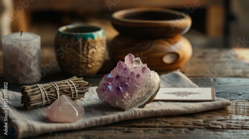 Mystical Amethyst Cluster with Healing Crystals and Wooden Accents on Rustic Table, Evoking Wellness and Serenity.