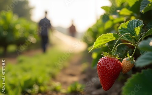 The orchard owners are applying fertilizer to increase the yield of strawberries.The owner of the strawberry plantation is spraying insecticides on the farm to prevent damage to the fruit.