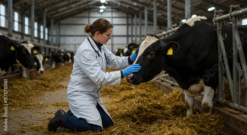 Female veterinarian examining black holstein cow barn facility white coat stethoscope. Woman doctor checking cattle livestock health. Animal healthcare concept