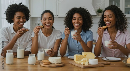 African american women eating cheese crackers kitchen laughing together. Female friends enjoying dairy snacks social gathering. Friendship food concept