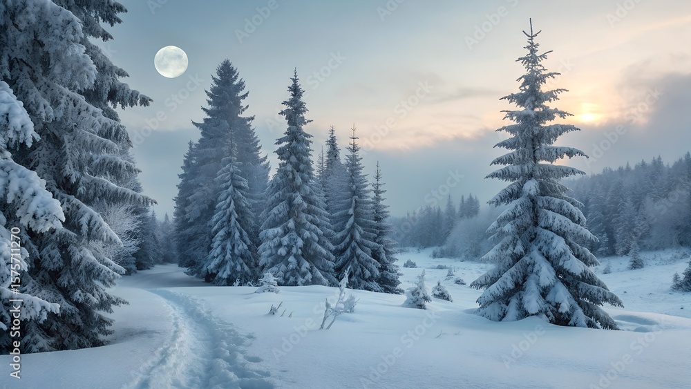 Fototapeta premium Serene Winter Wonderland Landscape with Full Moon and Snowy Trees