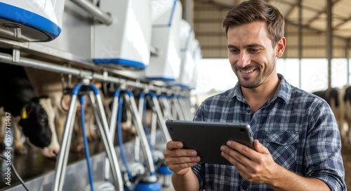 Farmer holding tablet milking parlor dairy barn facility smiling. Male agricultural worker using technology livestock production. Digital farming concept