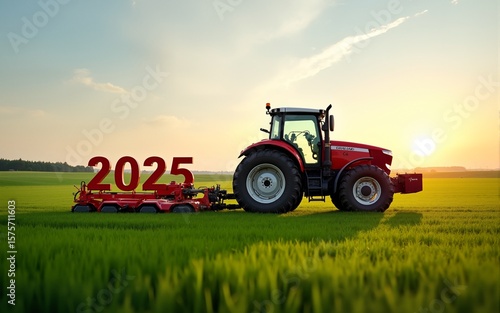 2025 Happy New year agriculture concept red tractor mowing green field. High quality