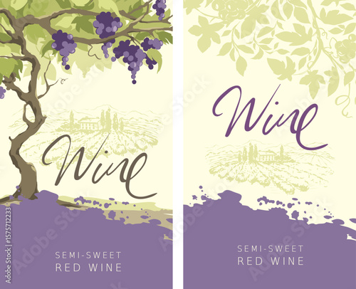 Label for red wine. Set of vector illustration, design with vine and landscape in the background. Freehand author's drawing.