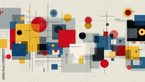 Abstract Geometric Composition With Circles and Squares, Representing Modern Art and Creative Problem Solving in Business Presentations : Generative AI