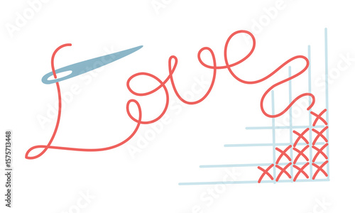 A cross-stitched line with a needle and thread labeled love. A flat, colored illustration of the cross-stitching process. Love for cross-stitching, the process of work. a line of crosses