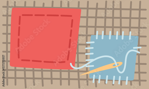 Patches of different fabrics are sewn together. One is sewn, the other is sewn with needle, thread. Cute patches on clothes. Flat color illustration. Colorful fabrics on checkered base. Care, handwork