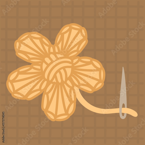An embroidered flower on a fabric as a patch. A flat color illustration of an unfinished single flower in yellow on a checkered background. needle and thread. The process of work, handwork, and care
