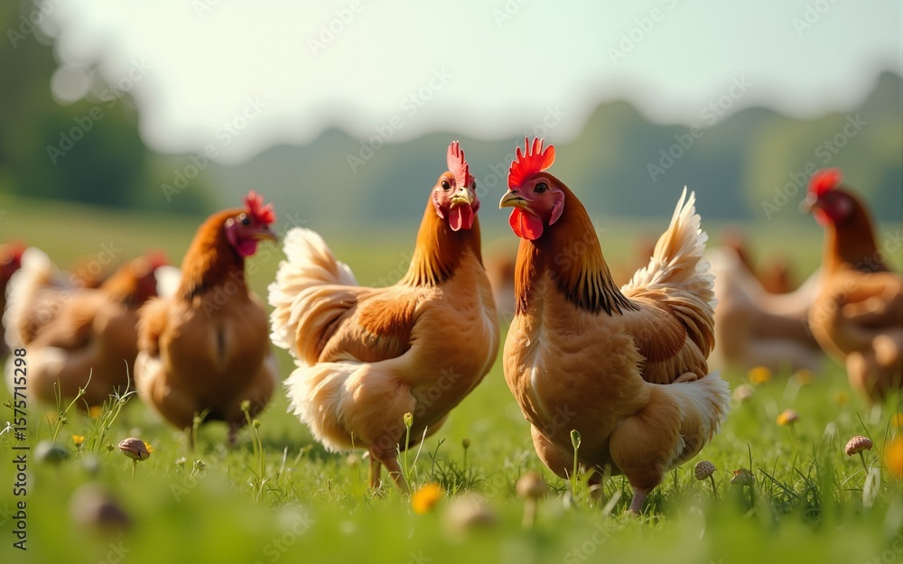 Fototapeta premium Chickens In A Field. High quality