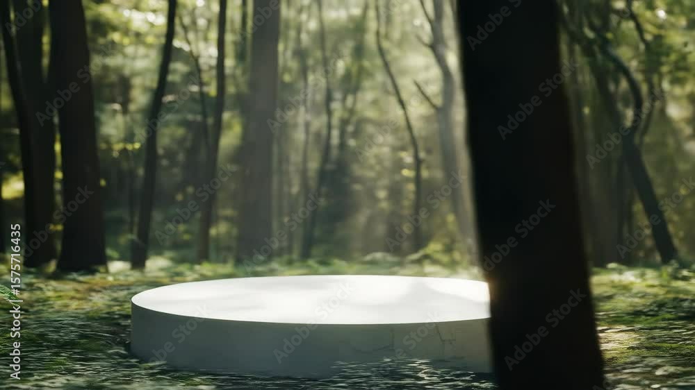 Empty white product display podium in lush green forest with sun rays. Natural presentation stage for eco friendly concept video. Empty white product display podium in lush green forest with sun rays. Natural presentation stage for eco friendly concept video.