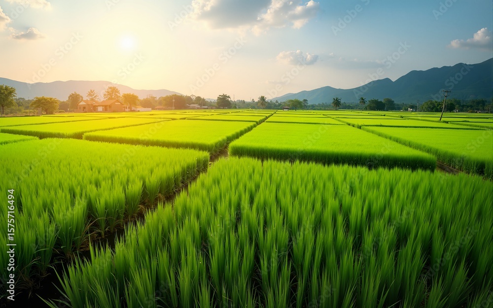 Fototapeta premium Asian summer farm village, rice paddies and rice seedlings in the sunlight. High quality