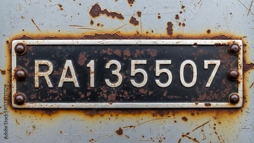 Rusty Metal Plate ID Tag Close-Up: RA135507 Number Identification
