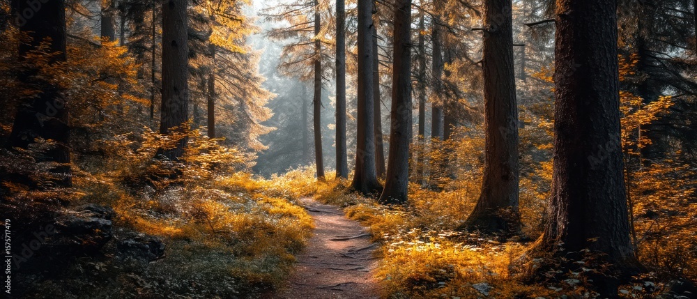Obraz premium Autumn forest path golden light