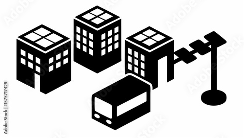 Isometric view of city buildings with a bus and crane in black and white minimalist illustration style