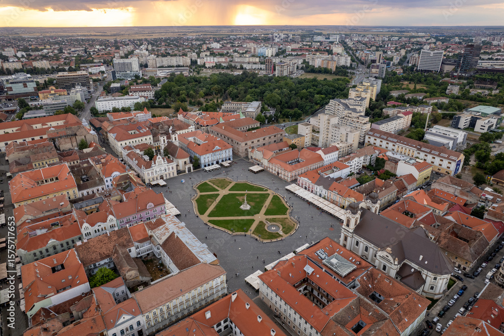 Obraz premium Aerial drone image of Union Square in Timisoara, Romania, during sunset