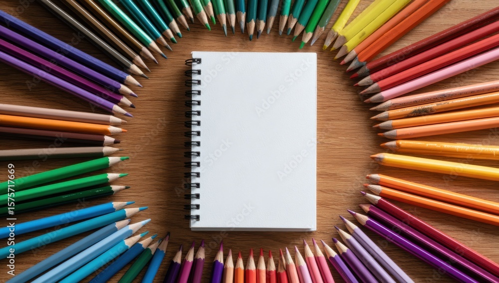 Fototapeta premium Colorful Pencils Arranged Around a Blank Notebook on Wooden Table, Illustrating Creativity and Artistic Expression For Educational Resources and Back to School : Generative AI