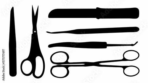 Silhouette of surgical instruments including scalpel, scissors and probes in a row on white background