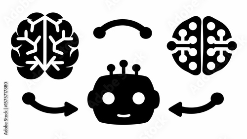 Illustration of a robot head with brains and artificial intelligence connected by arrows and arc line