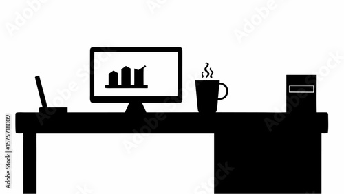 Silhouette of a desk with a laptop a monitor showing a graph a mug and a file cabinet on white