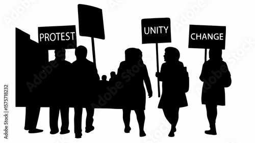 Silhouette of a group of people marching with signs that say protest unity and change in black and white